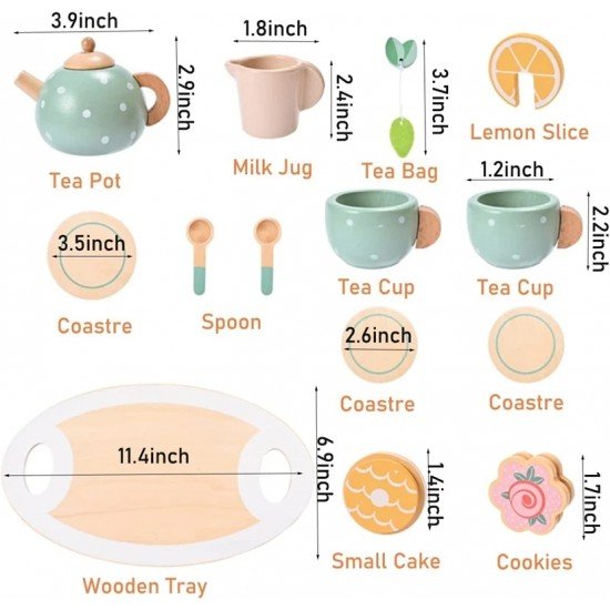 15-Piece Wooden Tea Set: Pretend Play Kitchen Accessories and Food Playset for Kids’ Tea Parties