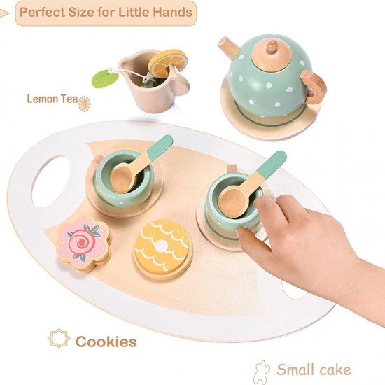 15-Piece Wooden Tea Set: Pretend Play Kitchen Accessories and Food Playset for Kids’ Tea Parties